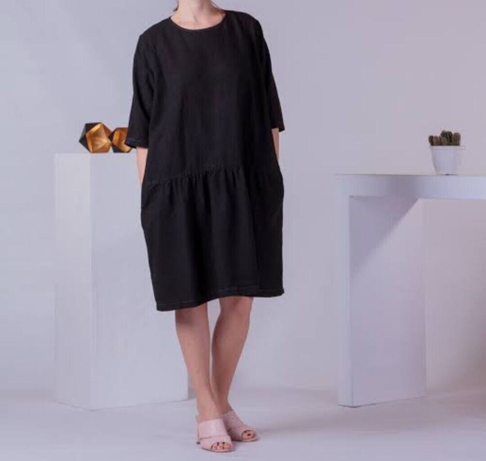 Saks Fifth Avenue Sheath Midi Dress Modest Oversize 3/4 Sleeves BLACK